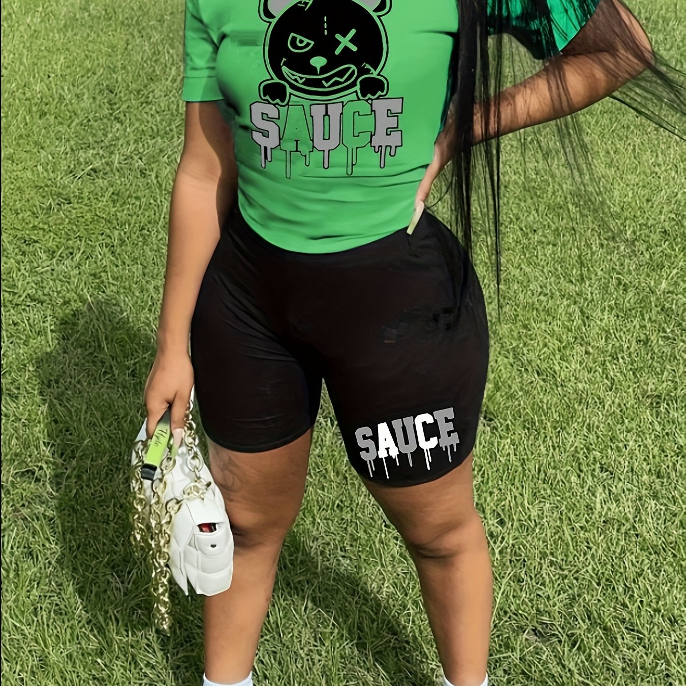 2 Piece Set Women's Letter & Bear Print Crop Top & Shorts