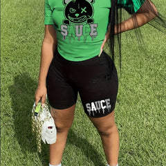 2 Piece Set Women's Letter & Bear Print Crop Top & Shorts