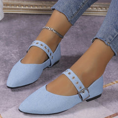 Women's Denim Buckle Flat Shoes Pointed Toe Slip On Casual Solid