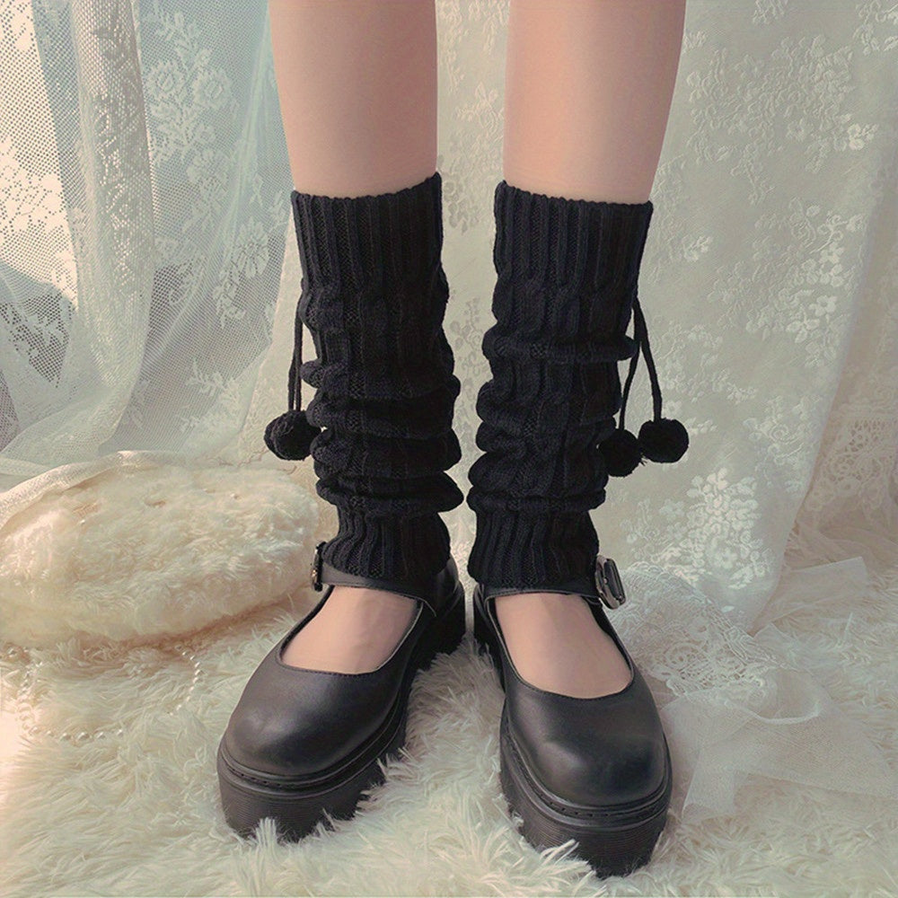 Rib Knit Leg Warmers Pompom Knee High Socks Women's Stockings
