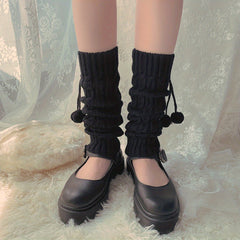 Rib Knit Leg Warmers Pompom Knee High Socks Women's Stockings