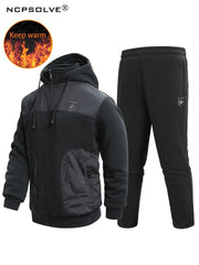 Men's 2 Pcs Zip Warm Hooded Jacket & Thermal Pants for Winter