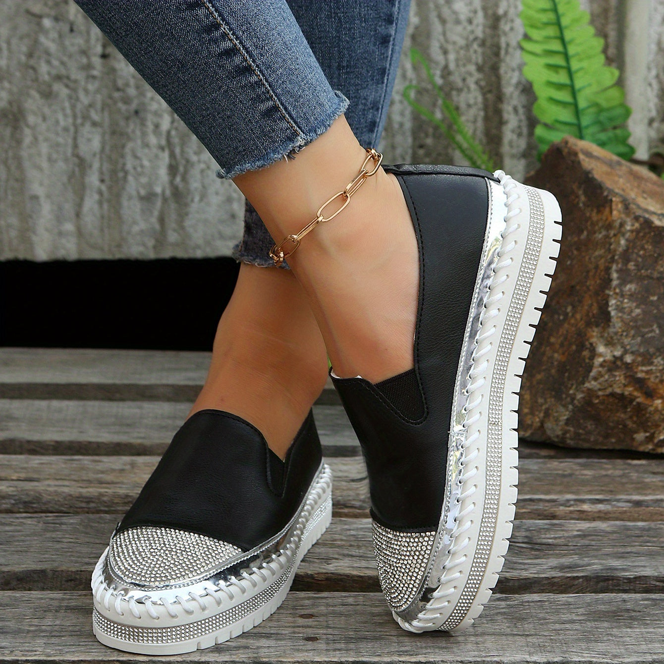Women's Glitter Platform Loafers Rhinestone Slip On Shoes