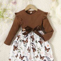 Girls Butterfly Print Ribbed Long Sleeve Dress