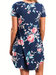 Floral Print Short Sleeve Round Neck Plus Size Mini Dress With Pockets