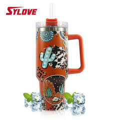 40oz Stainless Steel Vacuum Cup with Straw - Cactus Pumpkin Pattern