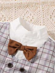 Preppy Summer Outfit for Baby Boys Bowtie Shirt & Plaid Shorts Set