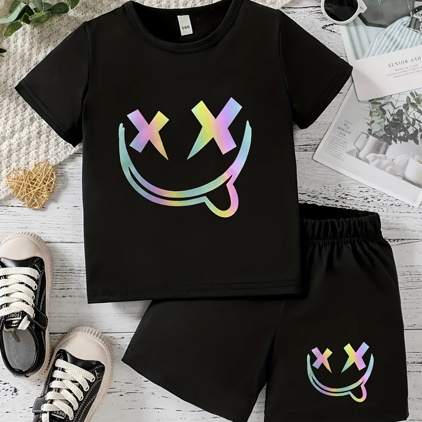 Boys Fun Smile Graphic Print Short Sleeve T-shirt & Shorts Set