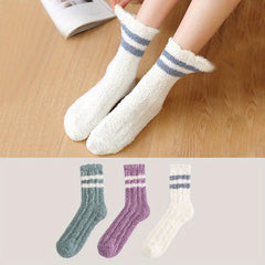 3 Pairs Striped Fuzzy Socks Mid Tube Women's Stockings & Hosiery