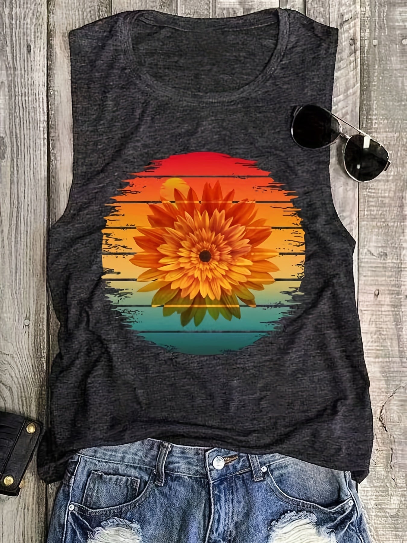 Sunflower Print Round Neck Tank Top for Women