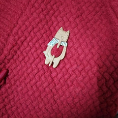 Wooden Cat Wearing Scarf Pin - Animal Pattern Pin For Girls