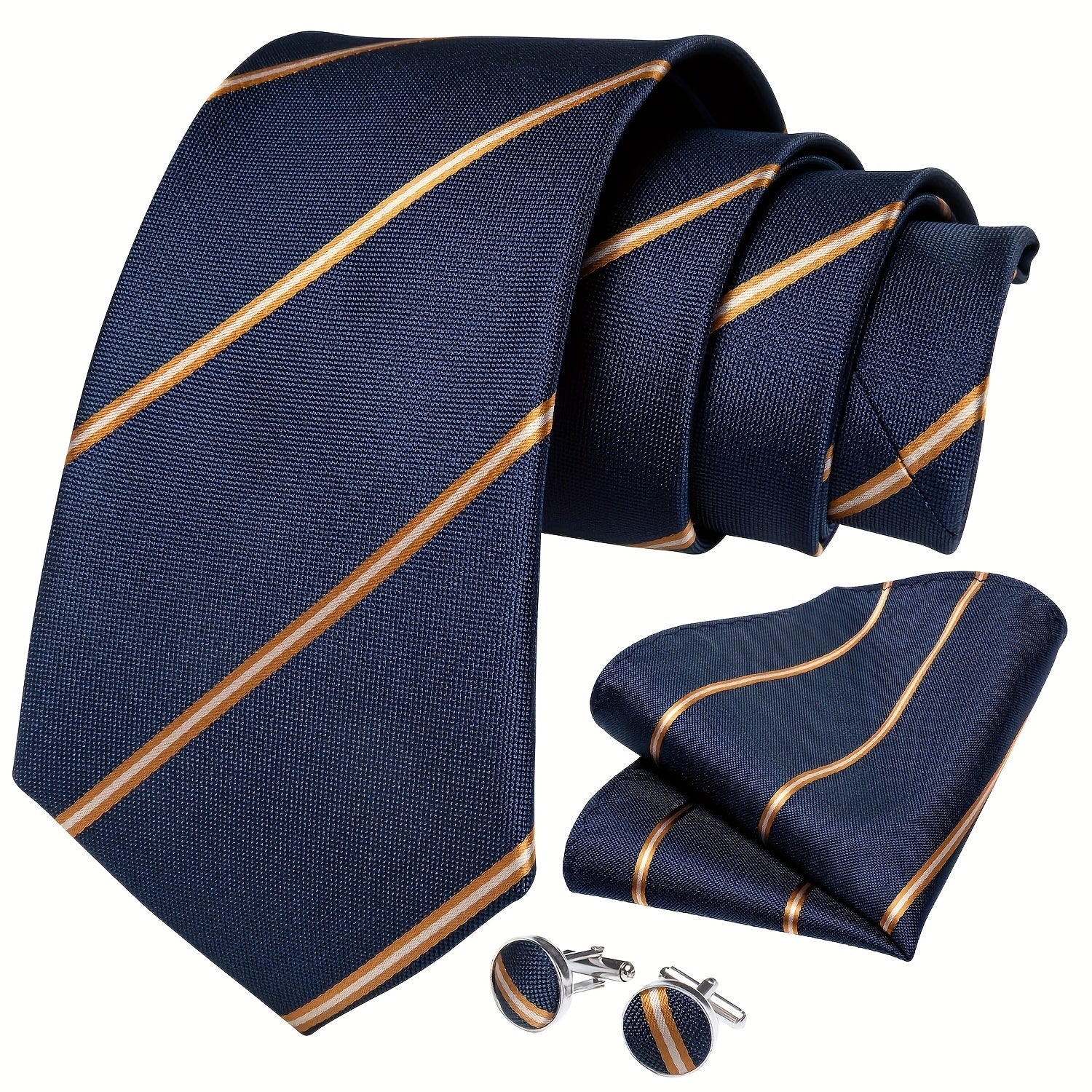 Men's Striped Silk Tie Set with Boutonniere Ring, Tie, Hanky, Cufflink