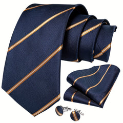 Men's Striped Silk Tie Set with Boutonniere Ring, Tie, Hanky, Cufflink