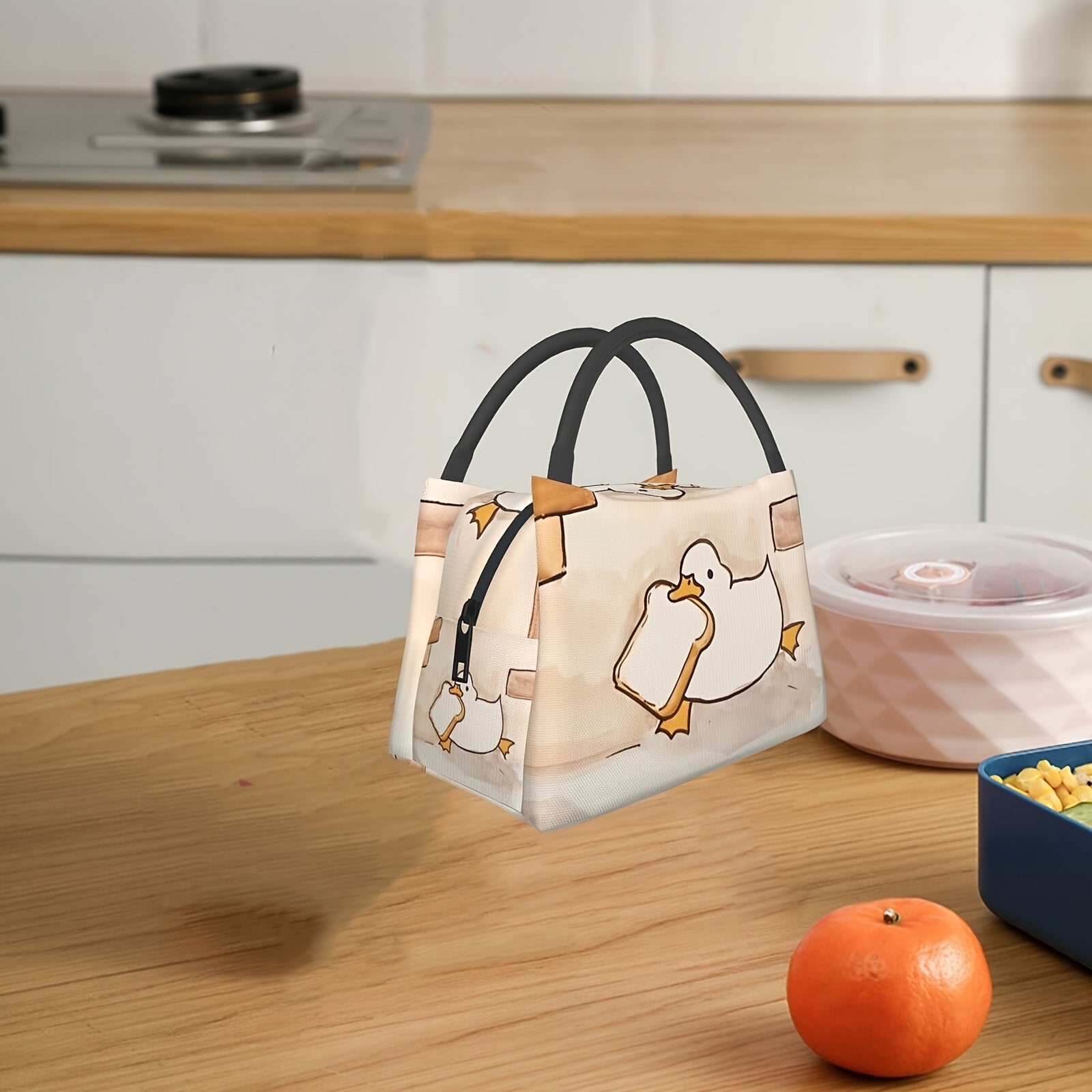 Duck & Bread Pattern Lunch Bag Insulated Tote for Work School Picnic