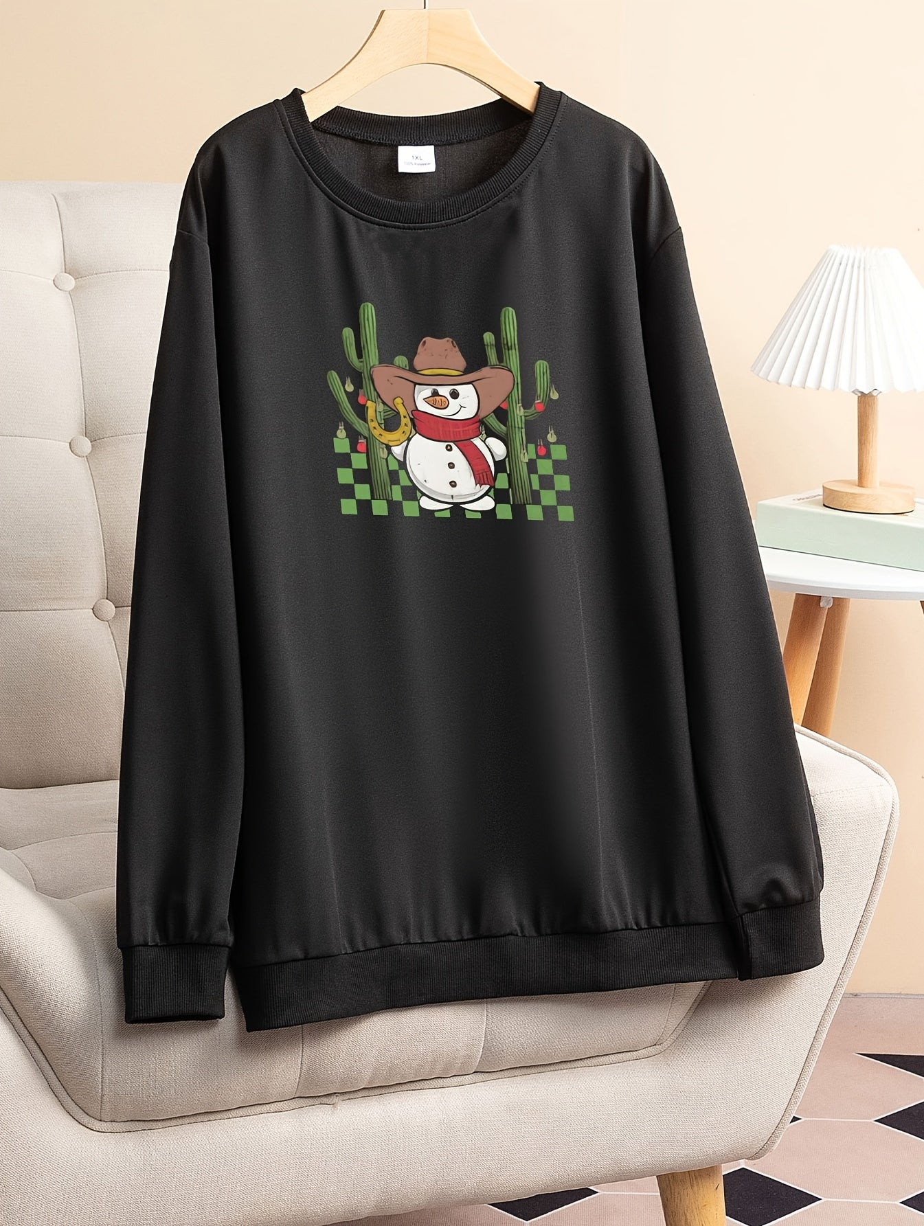 Christmas Snowman & Cactus Print Lounge Top Women's Round Neck Sleepwe