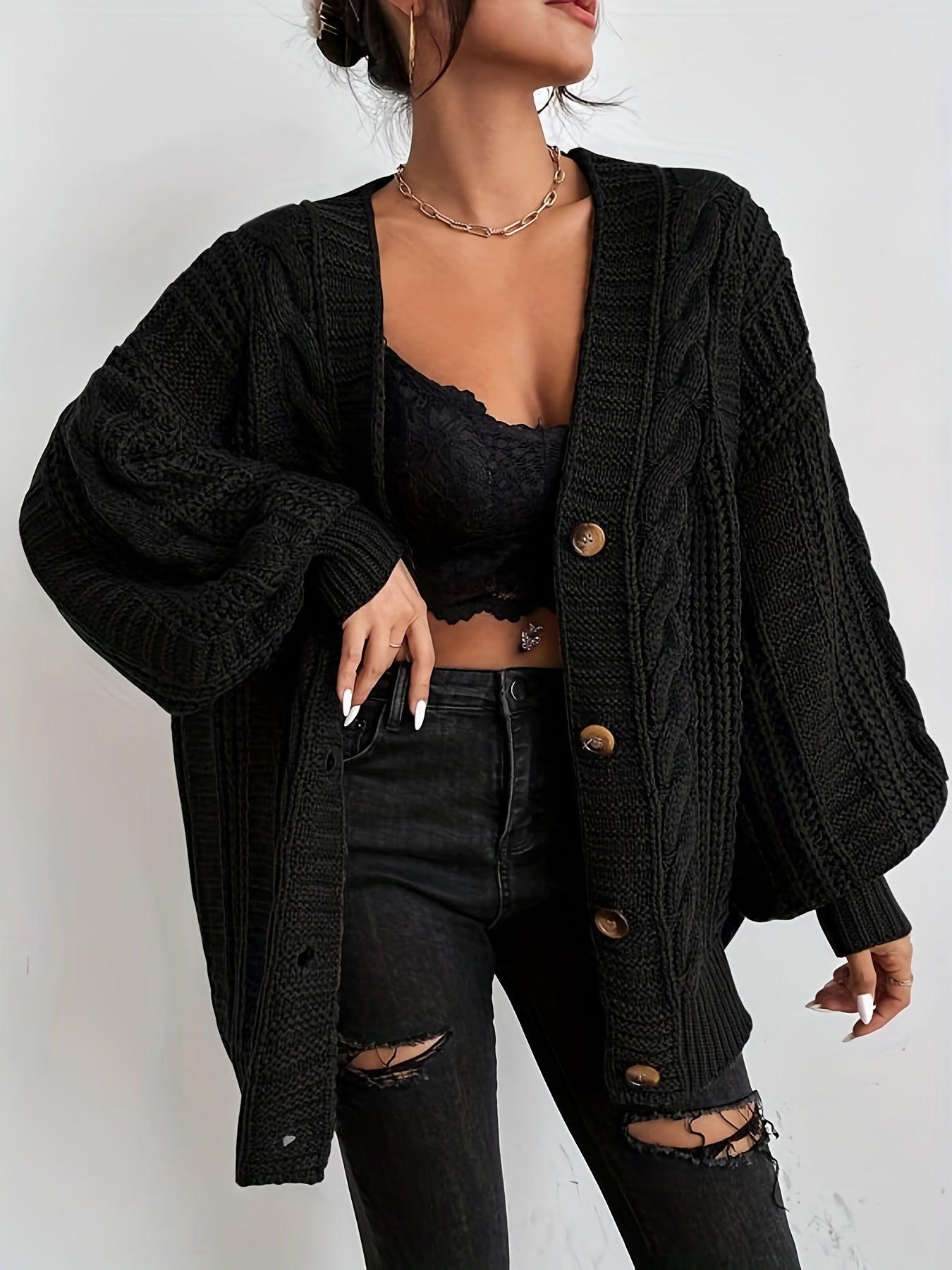 Cable Knit Lantern Sleeve Cardigan