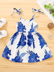 Girls Floral Print Summer Party Dress Lace Up Straps Cami Dress