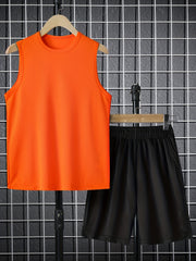 2pcs Boys Crew Neck Tank Top & Track Shorts Set Kids Summer Clothes
