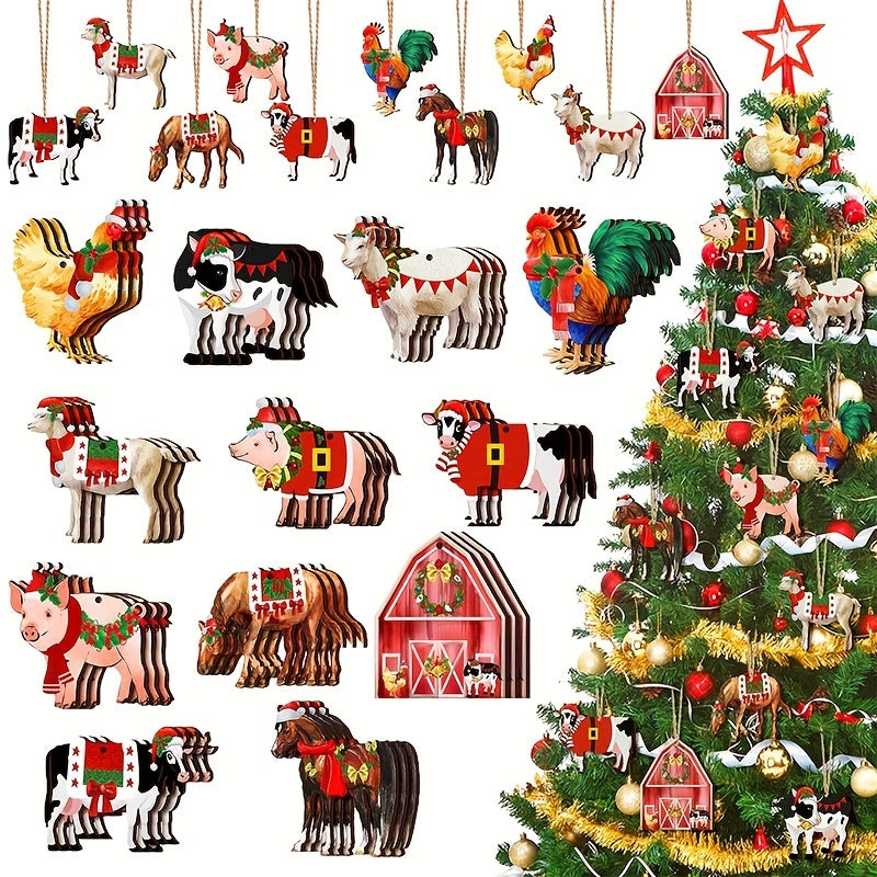 24pc Wooden Farm Animal Christmas Ornaments Cow Pig Rustic Decor Xmas Trees