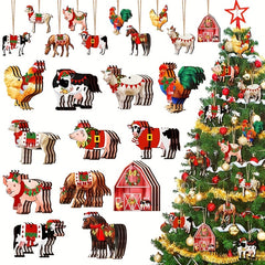 24pc Wooden Farm Animal Christmas Ornaments Cow Pig Rustic Decor Xmas Trees