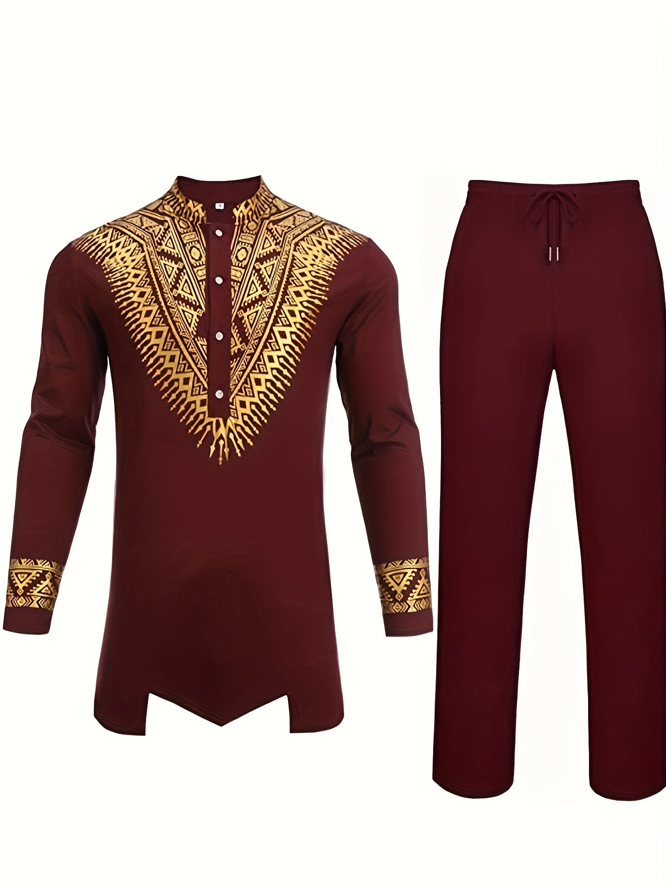 African 2 Piece Set Metallic Golden Pattern Print Cotton Dashiki Shirt And Pants
