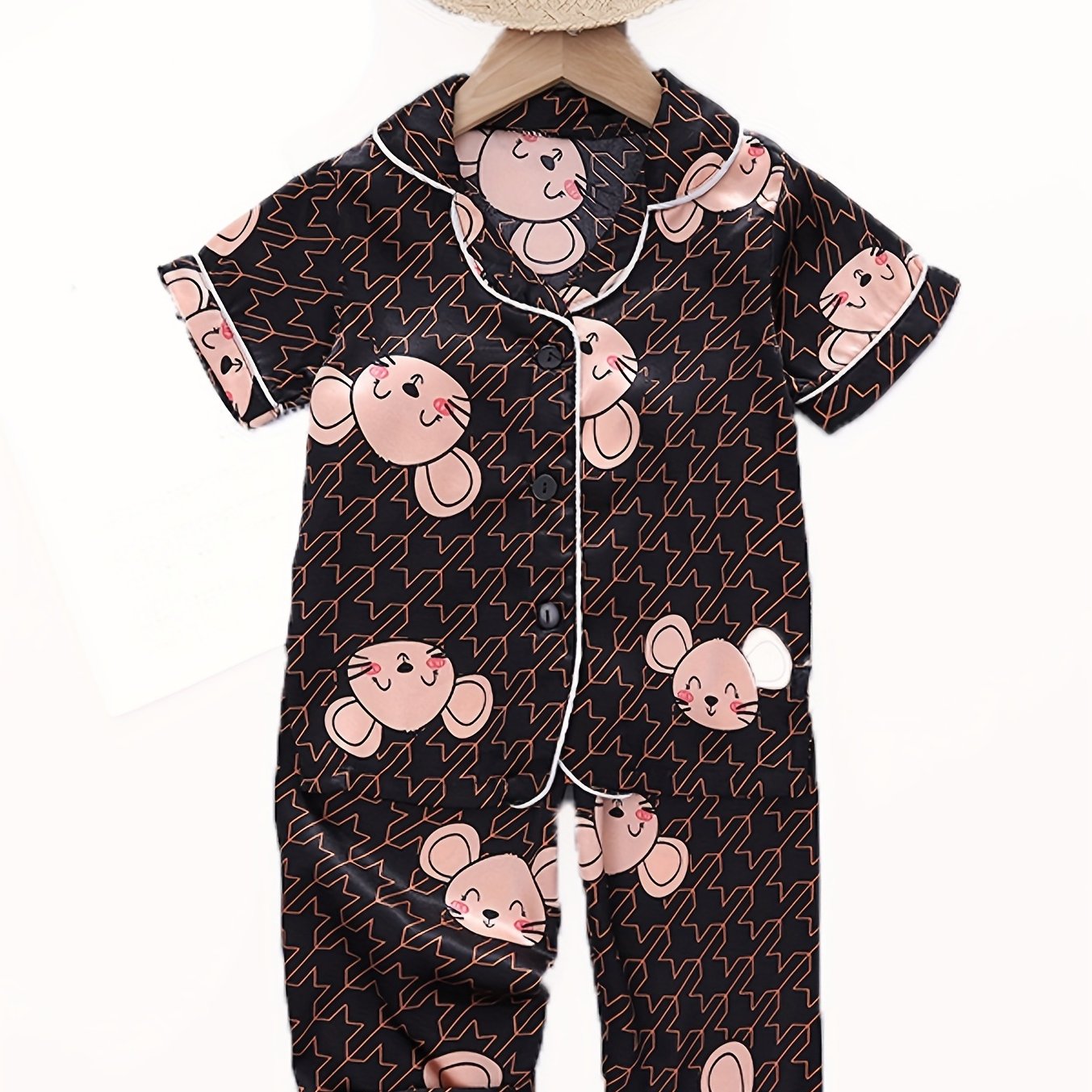 Cartoon Mouse Kid's Satin Pajamas 2pcs Short Sleeve Top & Pants Set