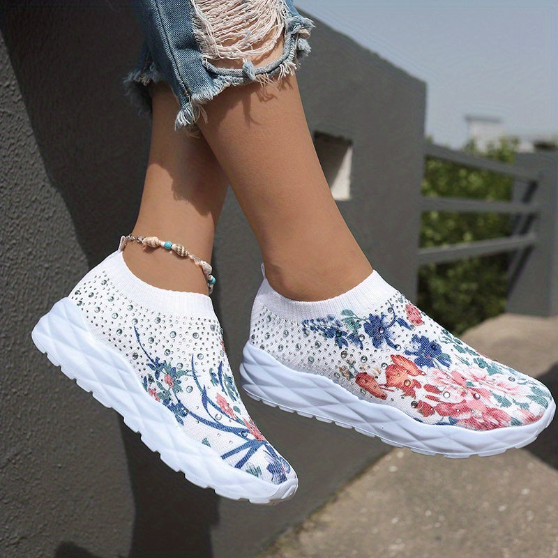 Women's Floral Print Knit Slip On Sneakers Low Top Sock Shoes Breathable Running
