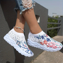 Women's Floral Print Knit Slip On Sneakers Low Top Sock Shoes Breathable Running