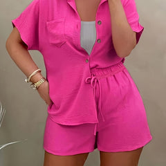 Polo Neck Blouse & Drawstring Shorts 2 Piece Set