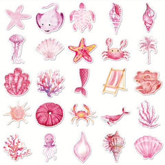 Set of 50 Pink Ocean Themed Cartoon Stickers for Decorating, Self Adhesive