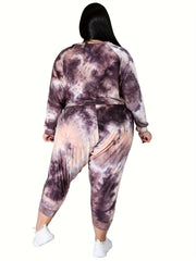Women's Plus Tie Dye Long Sleeve Top & Pants Outfits 2 Piece Set
