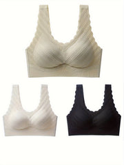 3pcs Scallop Trim Wireless Bras Push Up Comfy Breathable Women's Lingerie