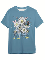 Flower Graphic Short Sleeve T shirt for Summer Sports