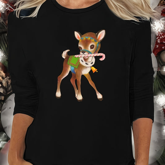 Christmas Deer Print Lounge Tops Long Sleeve Crew Neck Top