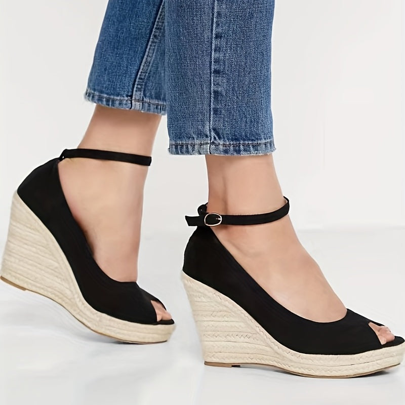 Peep Toe Ankle Strap Wedge Sandals High Heels Comfy Micro Suede