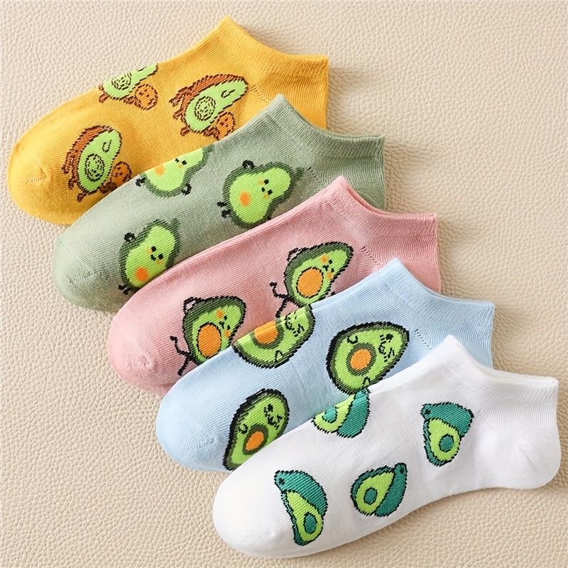 5 Pairs Avocado Print Ankle Socks Women's Stockings & Hosiery