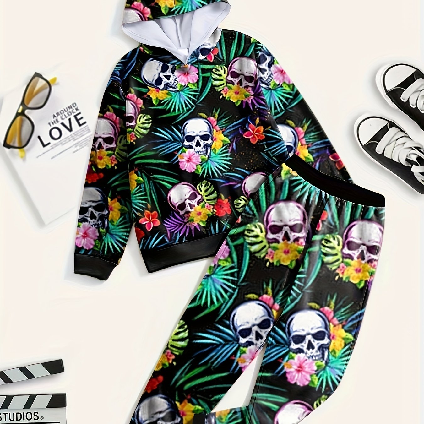 Skull & Flower Graphic Hoodie Jogger Pants Set Kids Halloween Costume