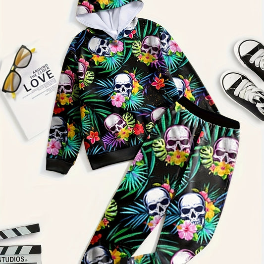 Skull & Flower Graphic Hoodie Jogger Pants Set Kids Halloween Costume