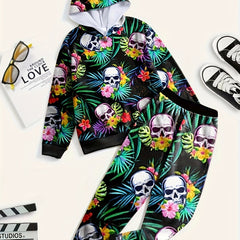 Skull & Flower Graphic Hoodie Jogger Pants Set Kids Halloween Costume