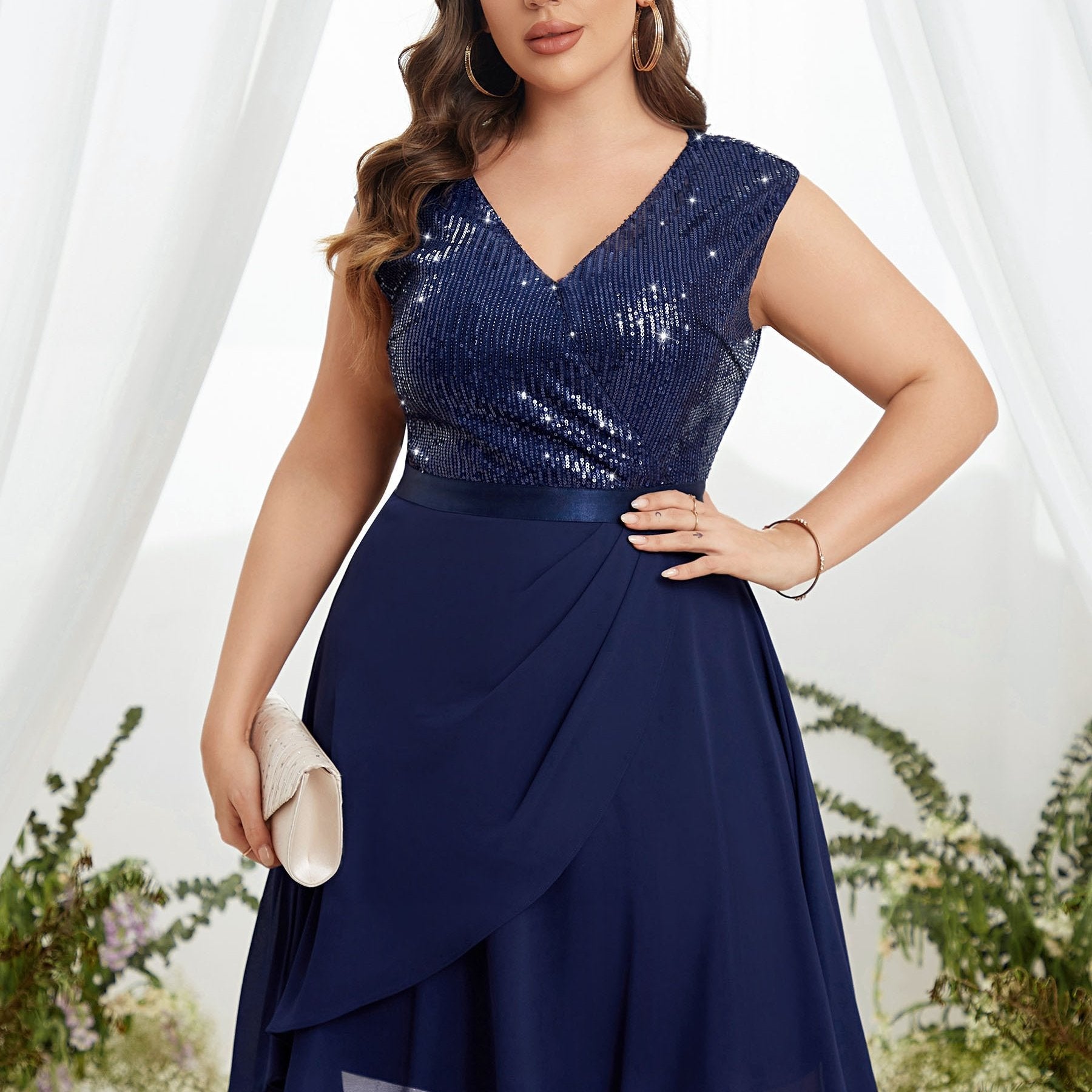 Solid Sequin Cap Sleeve V Neck Stretch Dress