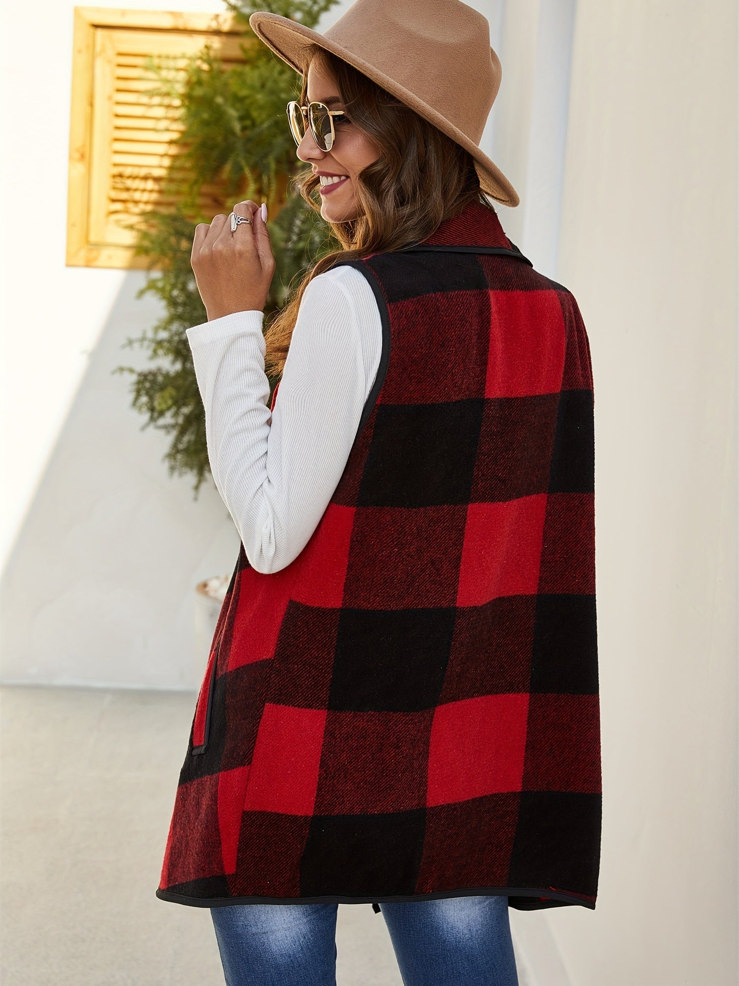 Sleeveless Vest Waterfall Collar Open Front Casual Vest With Pockets