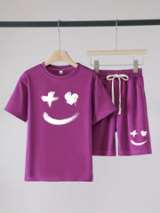 Boys Smile Face Print T-shirt & Drawstring Shorts Set