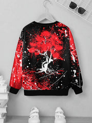 Teens Red Tree 3D Print Block Sweatshirt Casual Pullover Street Wear Clothes
