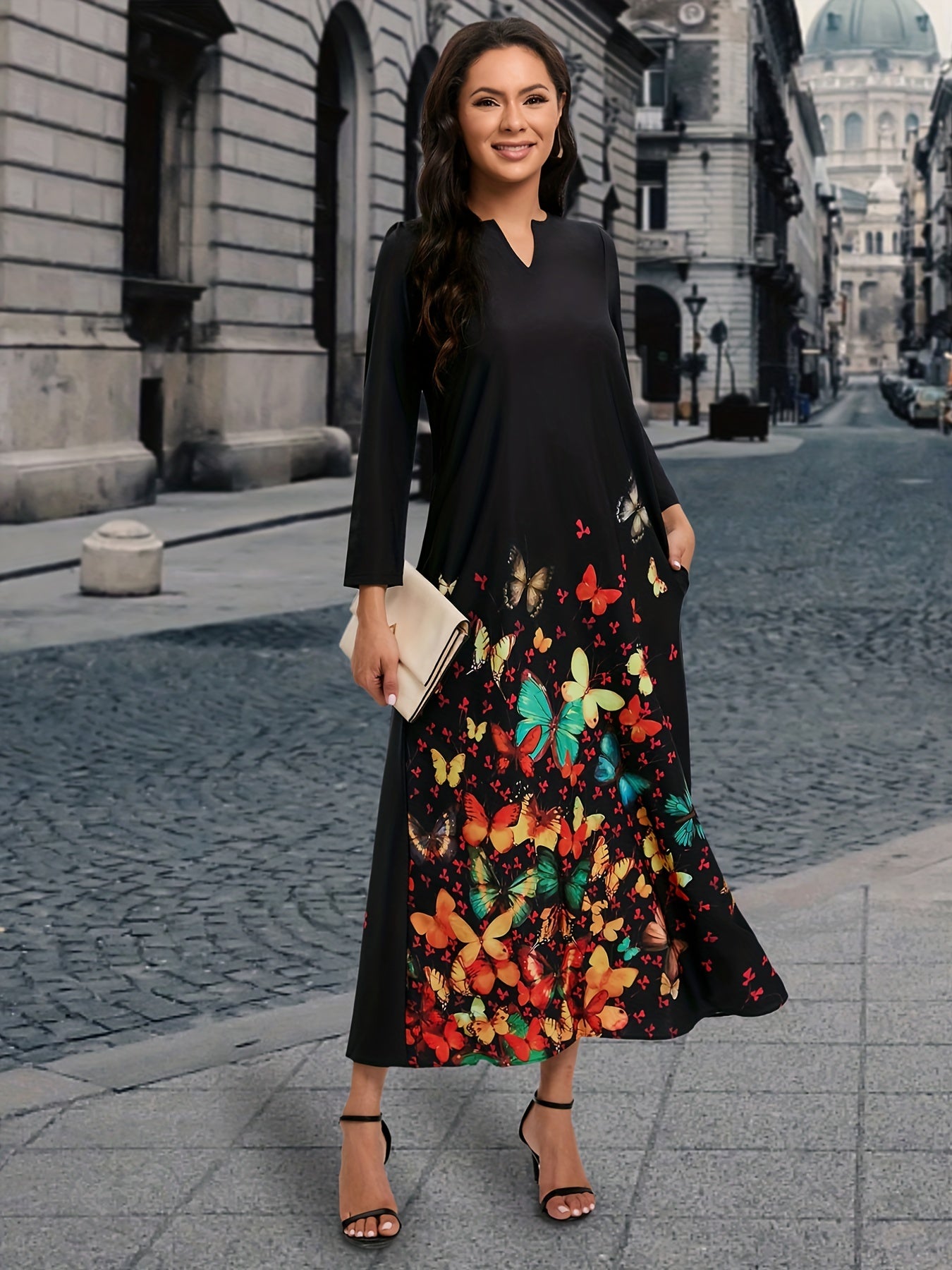 Butterfly Print Maxi Dress Casual Long Sleeve Dress Women's Clothing