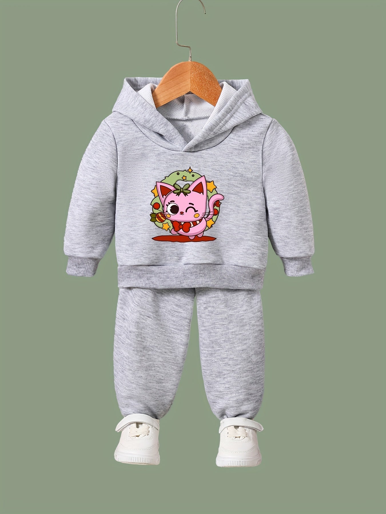 Winking Kitty Print Hoodies Pants Set For Kids Fall Sports