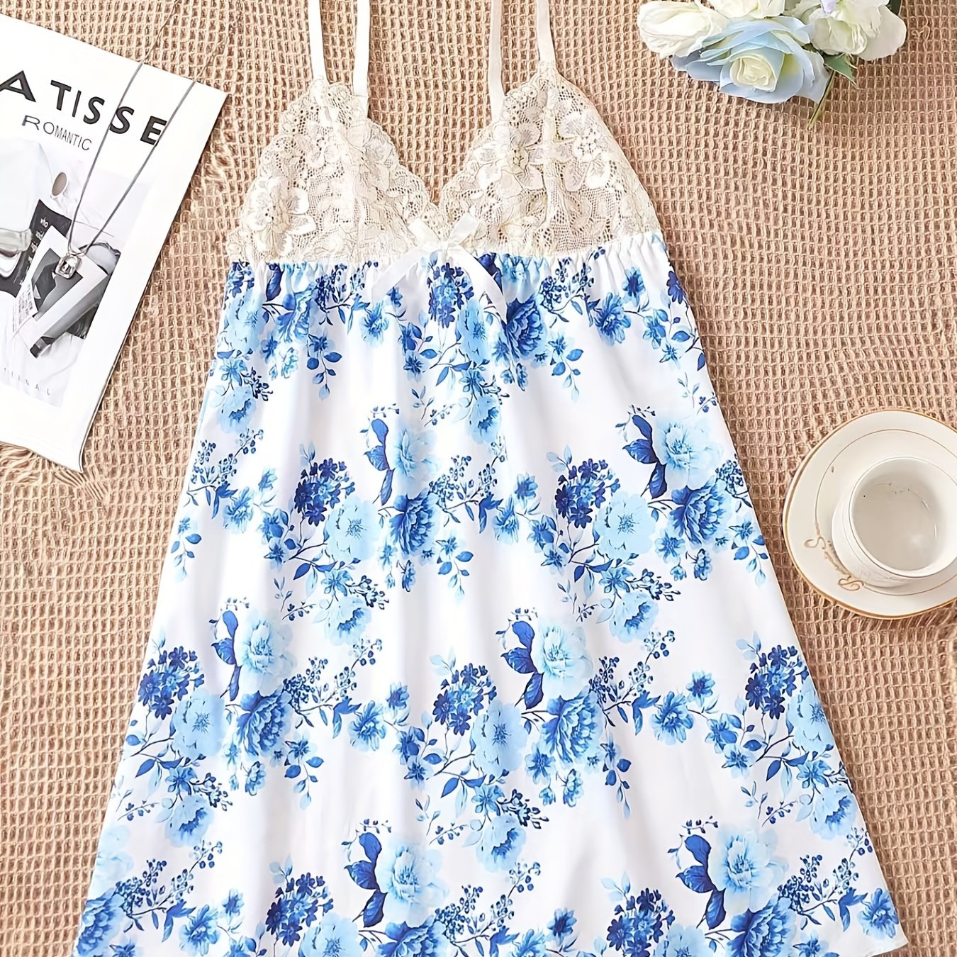 Floral Print Slip Nightdress with Lace Detail