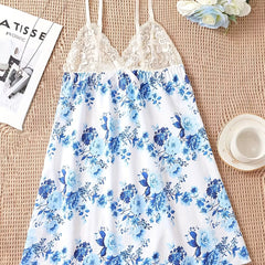 Floral Print Slip Nightdress with Lace Detail