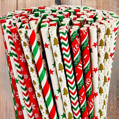 25pcs Mixed Christmas Paper Straws Santa Claus Xmas Party Decor Drink Straws