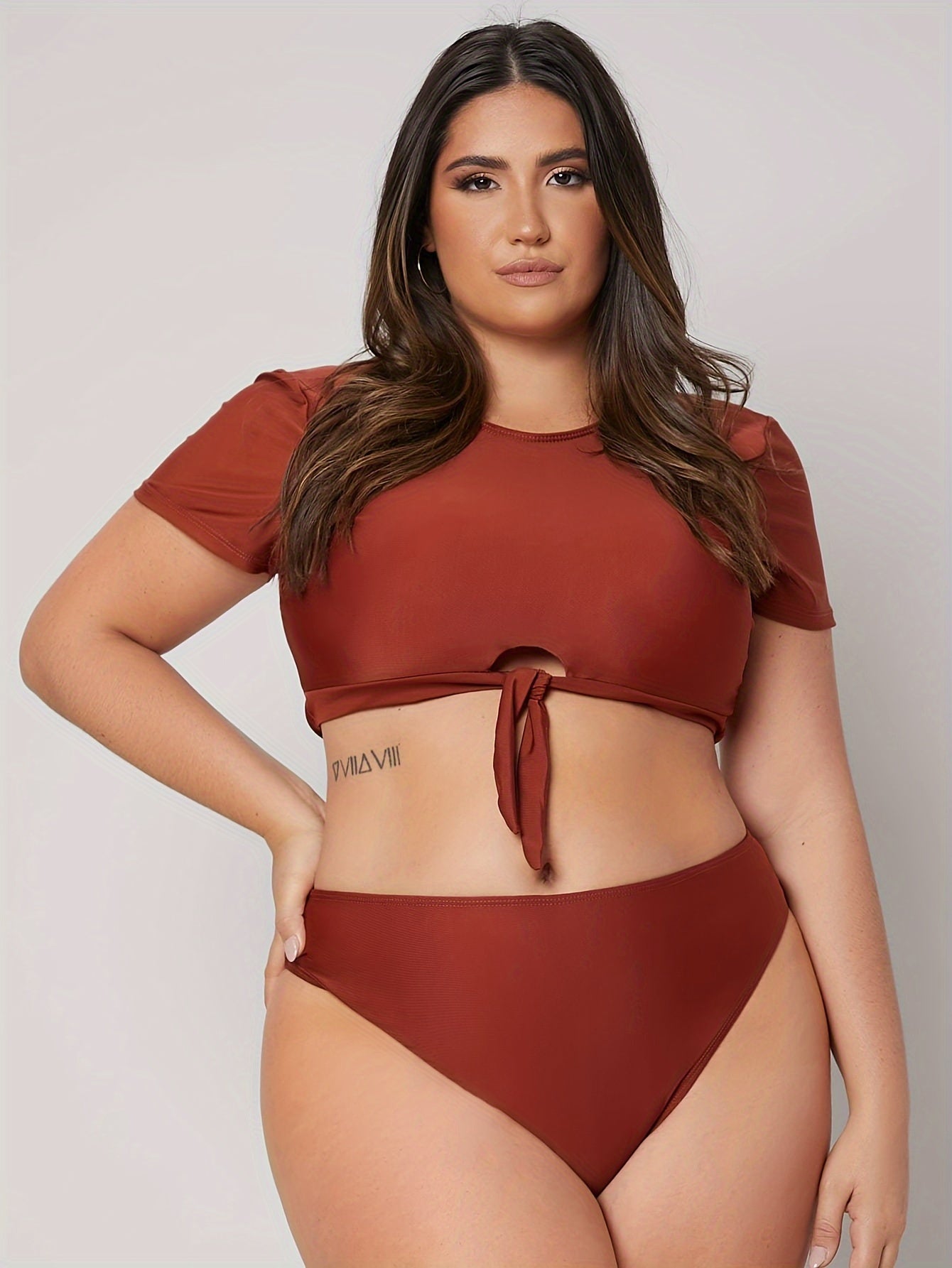 Modest Bikini Set Solid Short Sleeve Tie Front Swimsuit 2 Piece