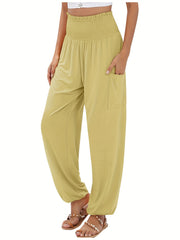 Solid Lantern Trousers with Shirred Waist